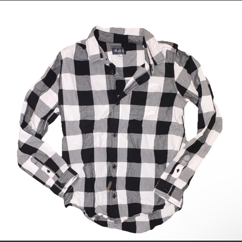 The Children's Place Black & White Buffalo Plaid Button-Up Shirt Size 14